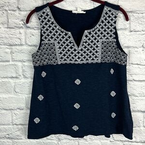 Beach Lunch Lounge Embroidered Blouse Blue White Split Neck Size Medium